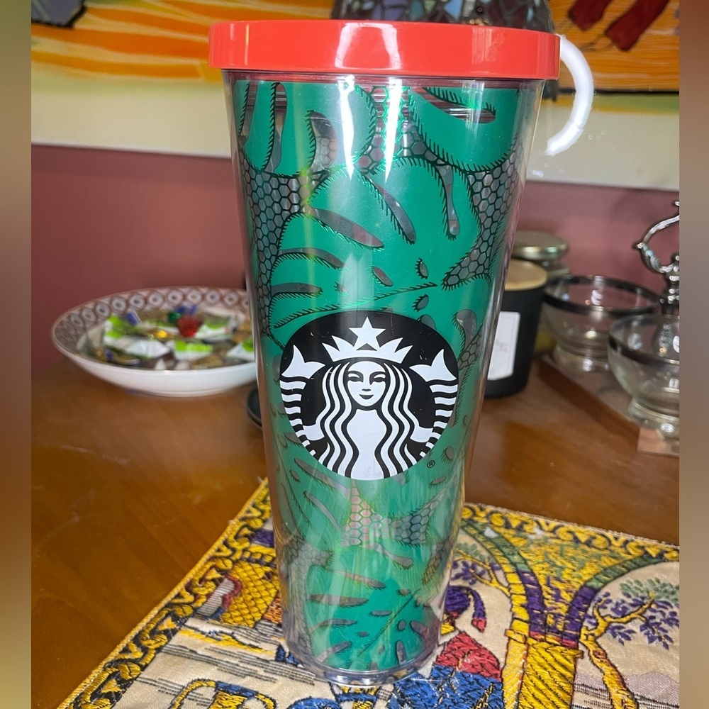 Starbucks Venti Green Monstera Tropical Leaves Lace Fishnet Cold Tumbler 24 oz